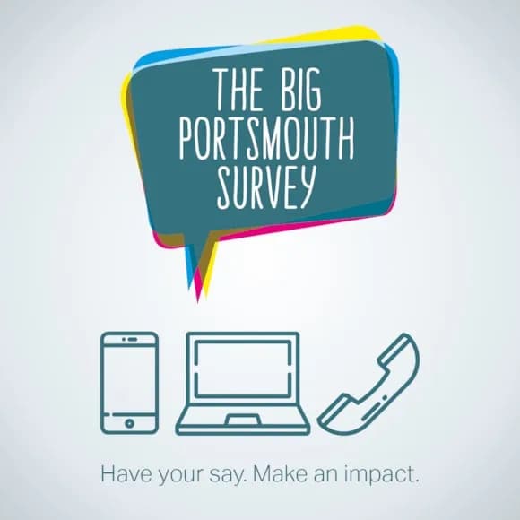 A teal speech bubble with colorful outlines reads "THE BIG PORTSMOUTH SURVEY" above line art icons of a smartphone, laptop, and telephone handset, with the text "Have your say. Make an impact." below.