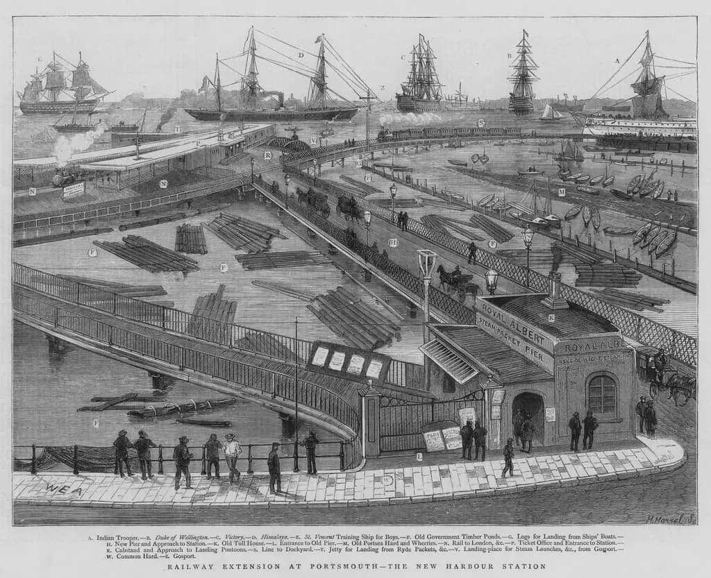 An intricate, dark, ink-drawn illustration details a busy railway extension at Portsmouth Harbour, featuring numerous ships of various sizes, docks, a train, and people engaged in daily activities.