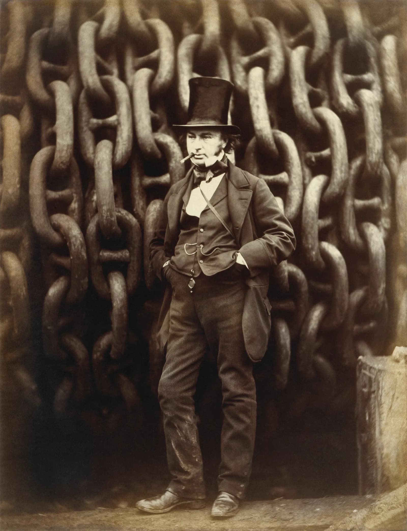 A man in a top hat and suit with a cigar in his mouth stands against a backdrop of large industrial chains.
