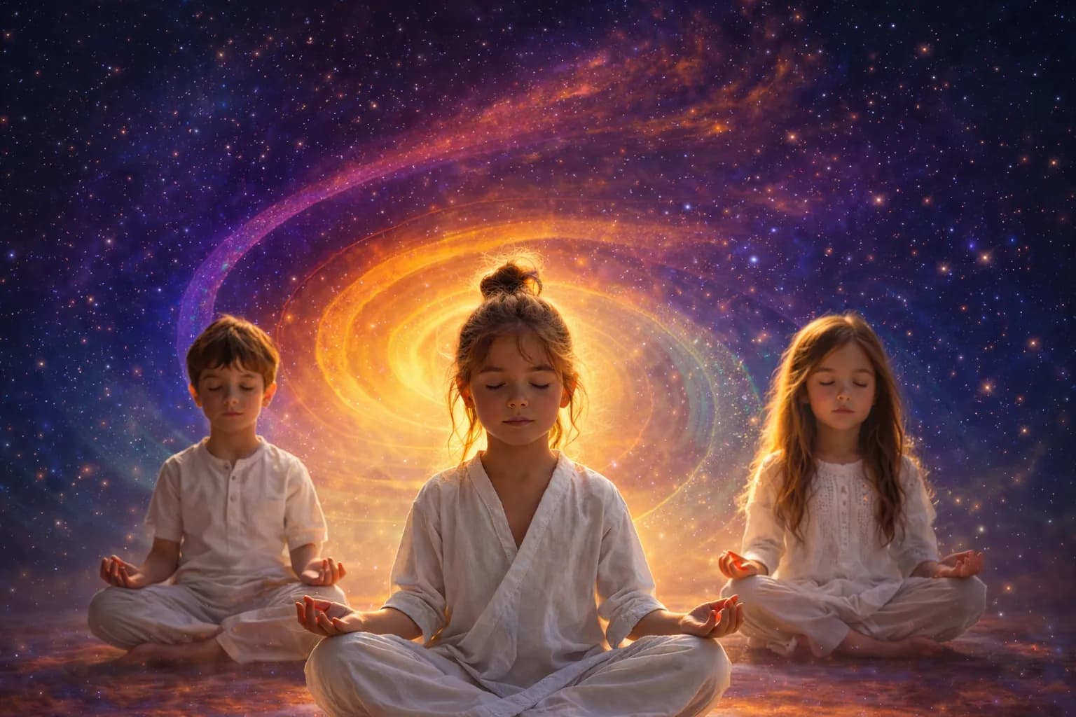 Three children meditating in lotus position with their eyes closed, set against a vibrant, swirling galaxy background.
